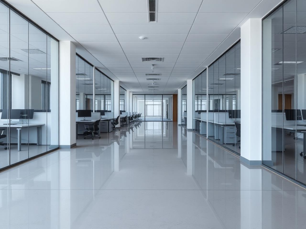 Gereinigtes modernes B&uuml;ro mit gl&auml;nzendem Boden